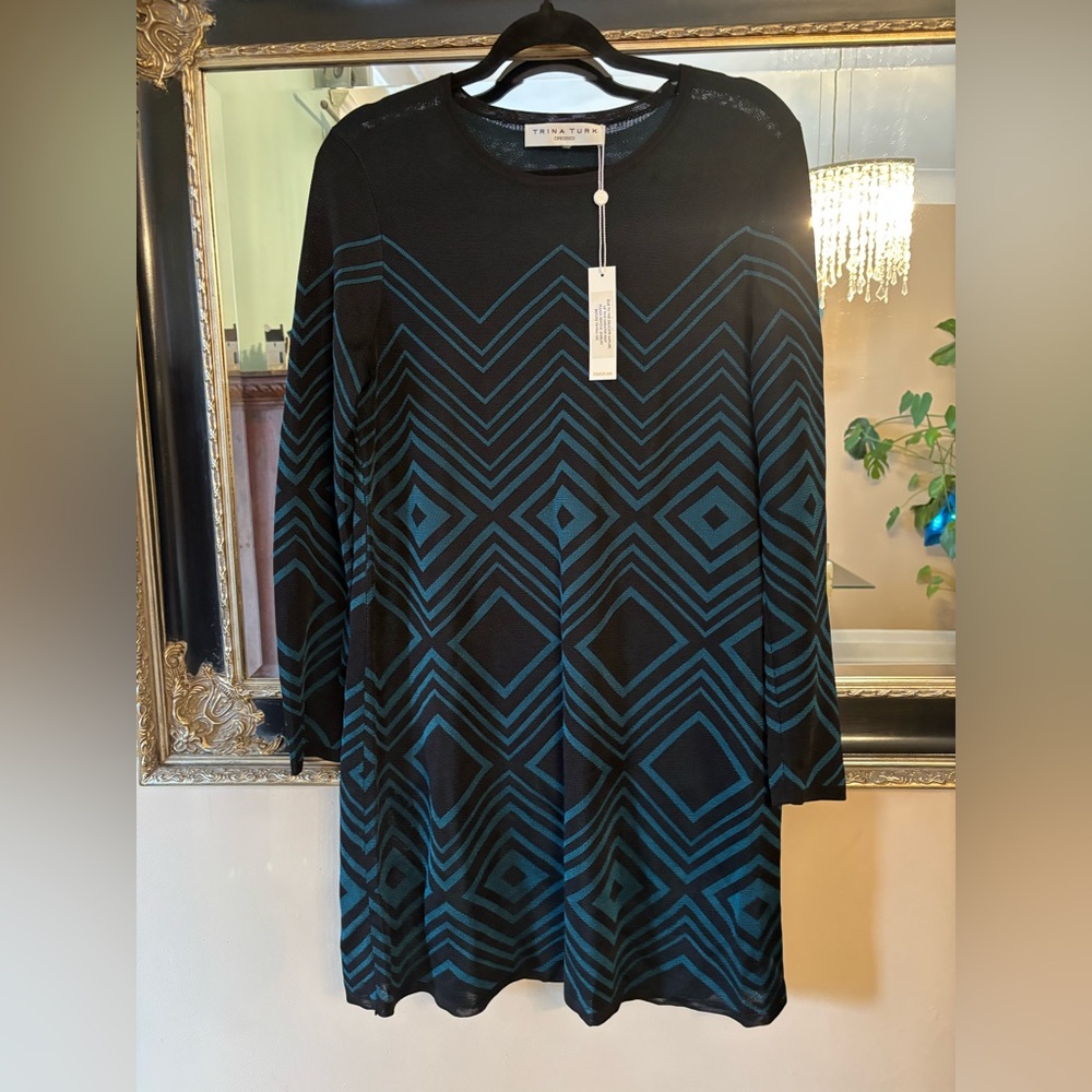Trina Turk Geometric Patterned Black and Teal Dress (Tunic)
